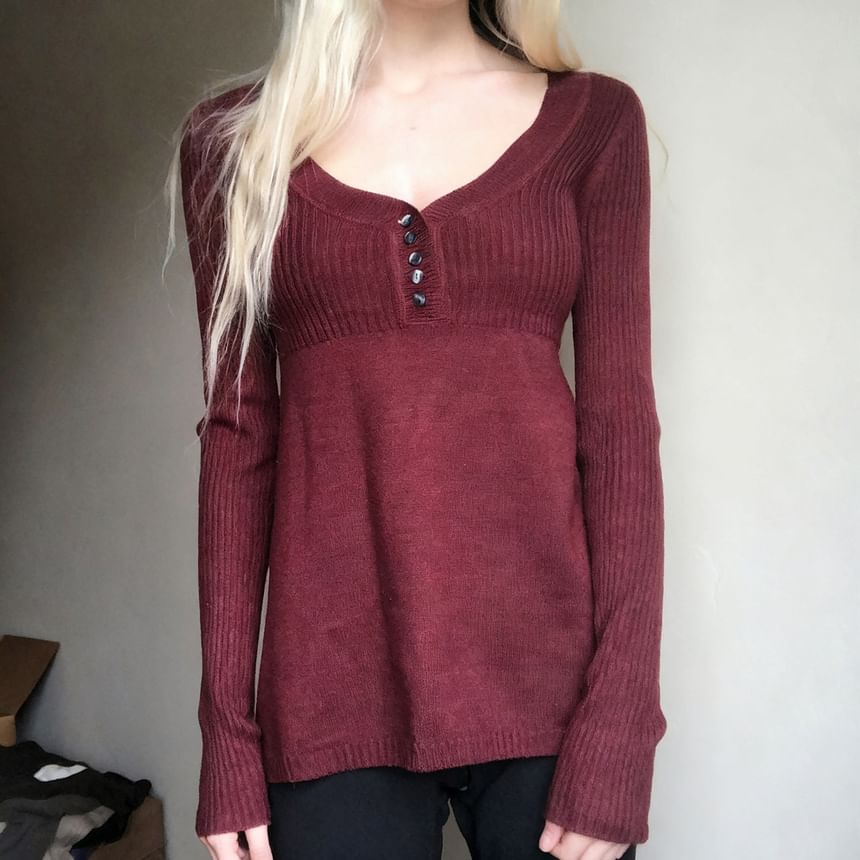 Plain V-Neck A-Line Long Sleeve Knit Top
