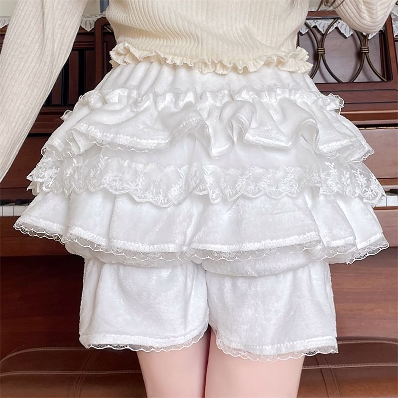 Lace Trim High Waist Mini Layered Skort