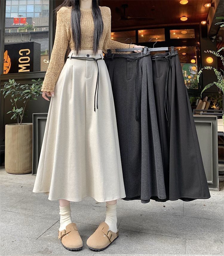 Plain Pleated Midi A-Line Skirt with High Rise