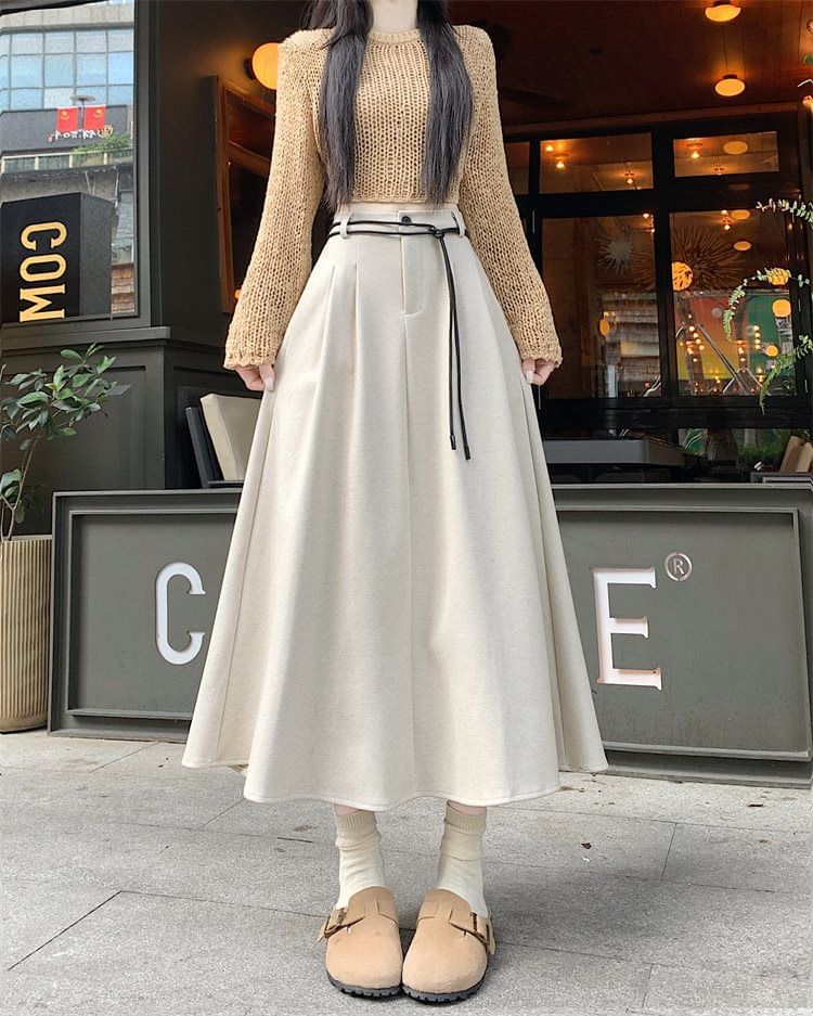Plain Pleated Midi A-Line Skirt with High Rise