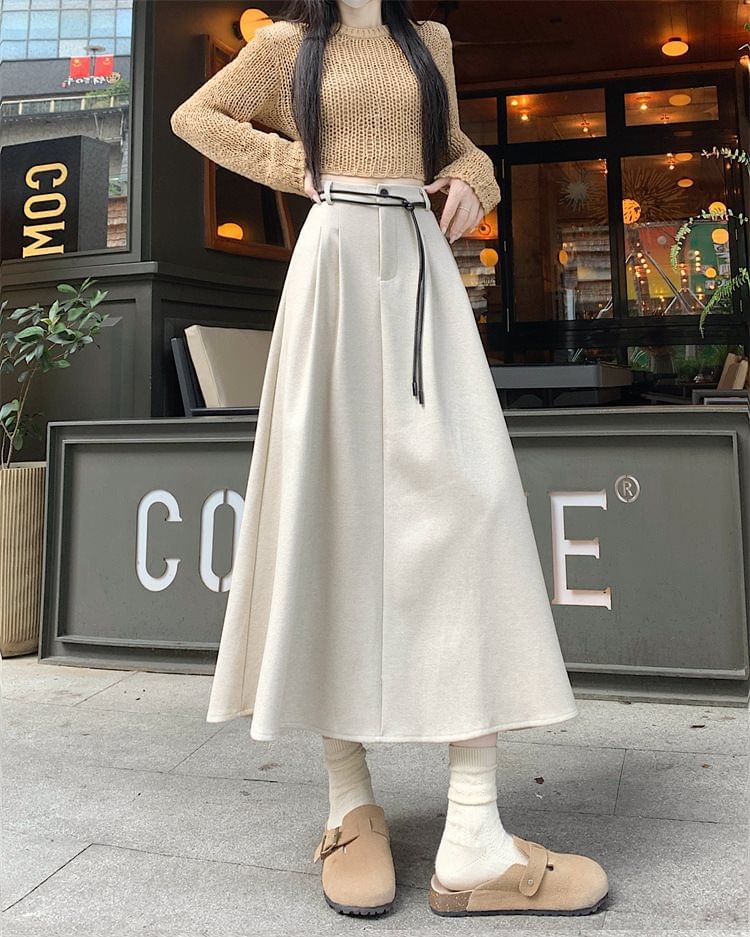 Plain Pleated Midi A-Line Skirt with High Rise