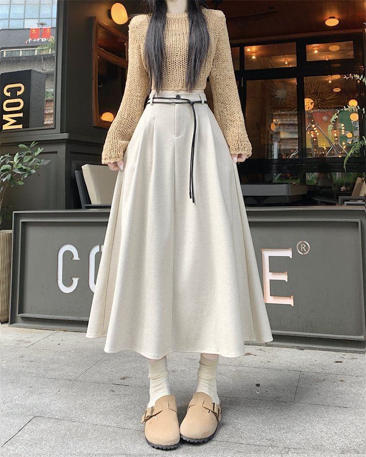 Plain Pleated Midi A-Line Skirt with High Rise
