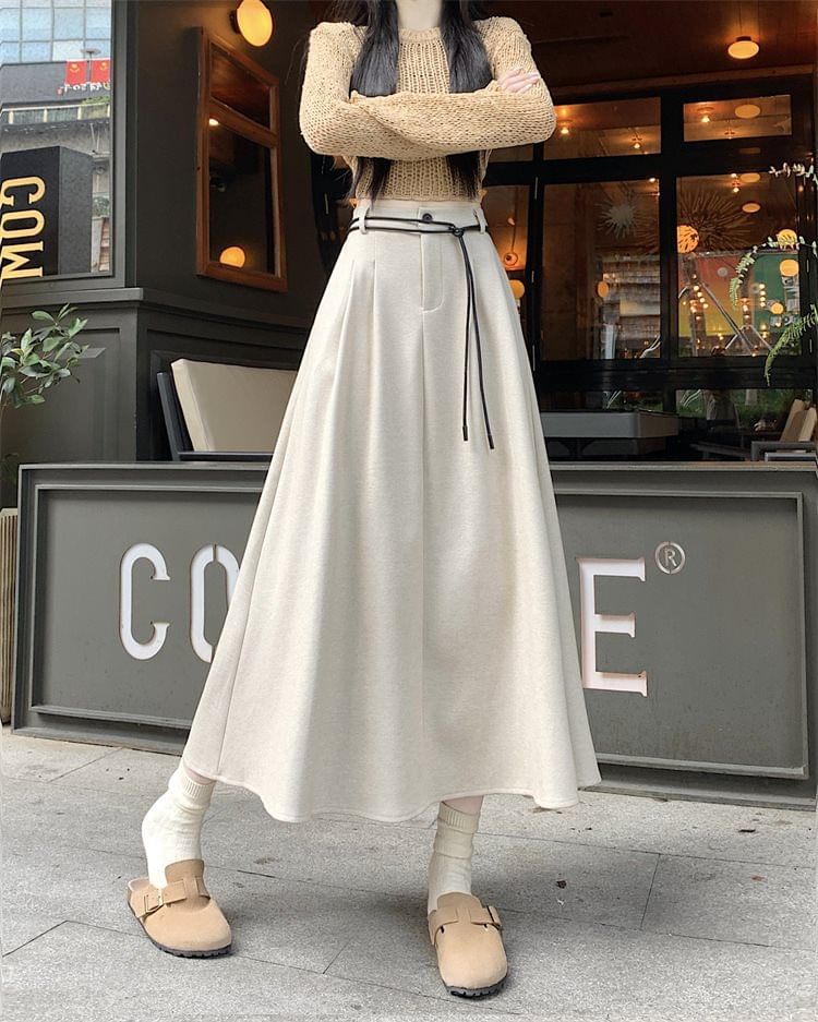 Plain Pleated Midi A-Line Skirt with High Rise