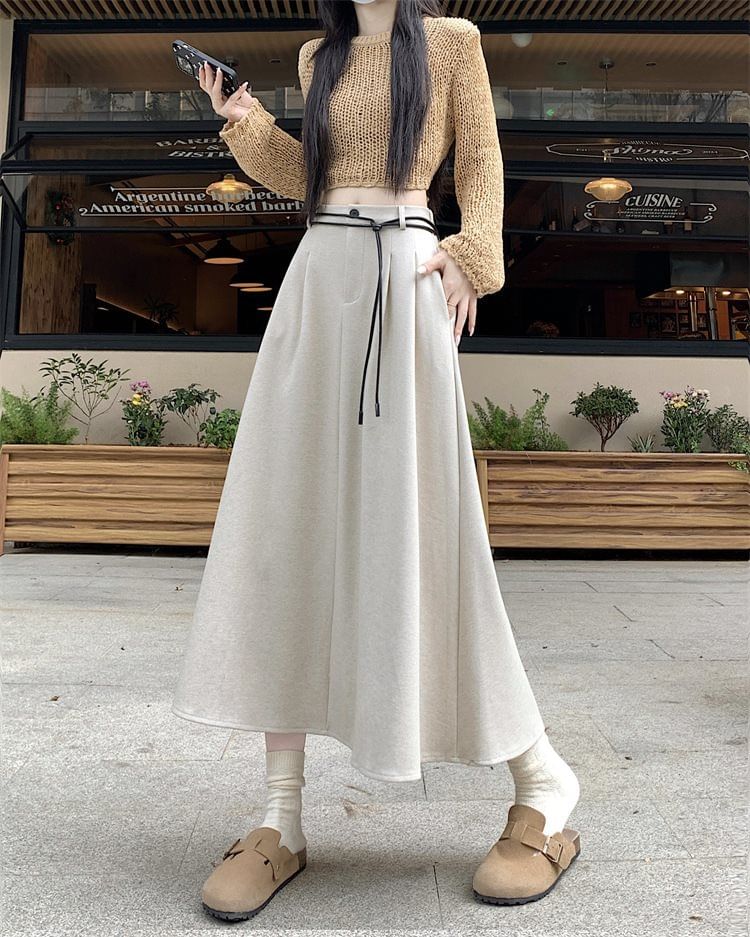 Plain Pleated Midi A-Line Skirt with High Rise