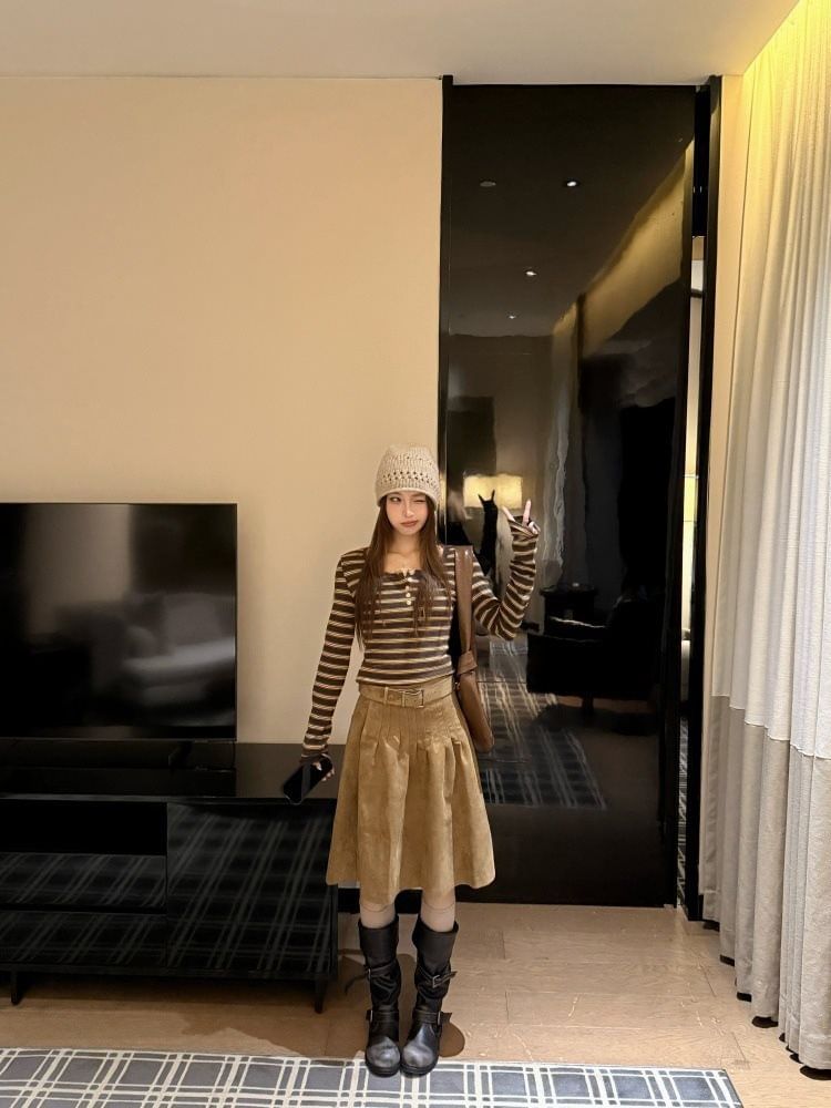Long-Sleeve Henley Striped Knit Top and Plain A-Line Skirt