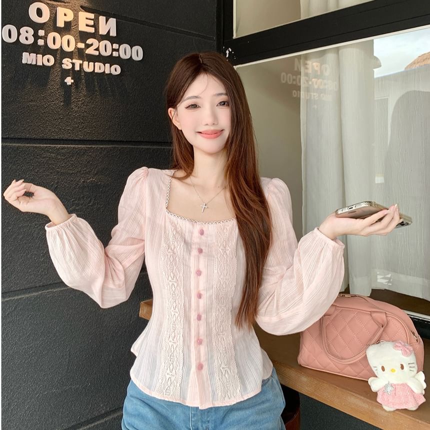 Square Neck Lace Crop Top with Long Sleeves