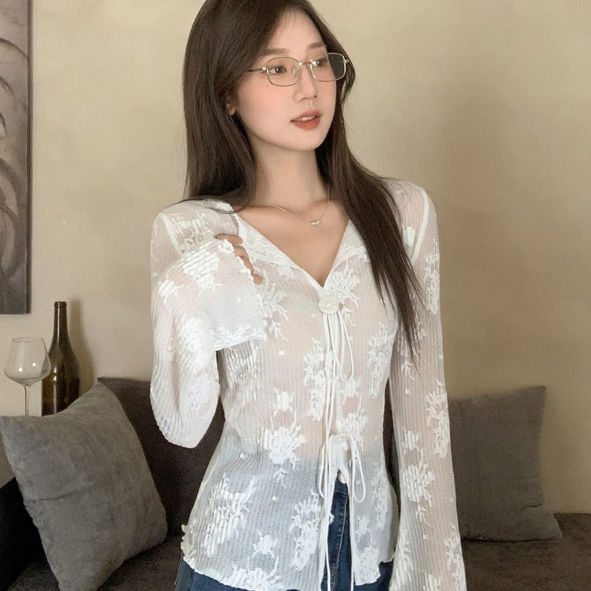 V-Neck Button-Up Knit Crop Top with Long Sleeves