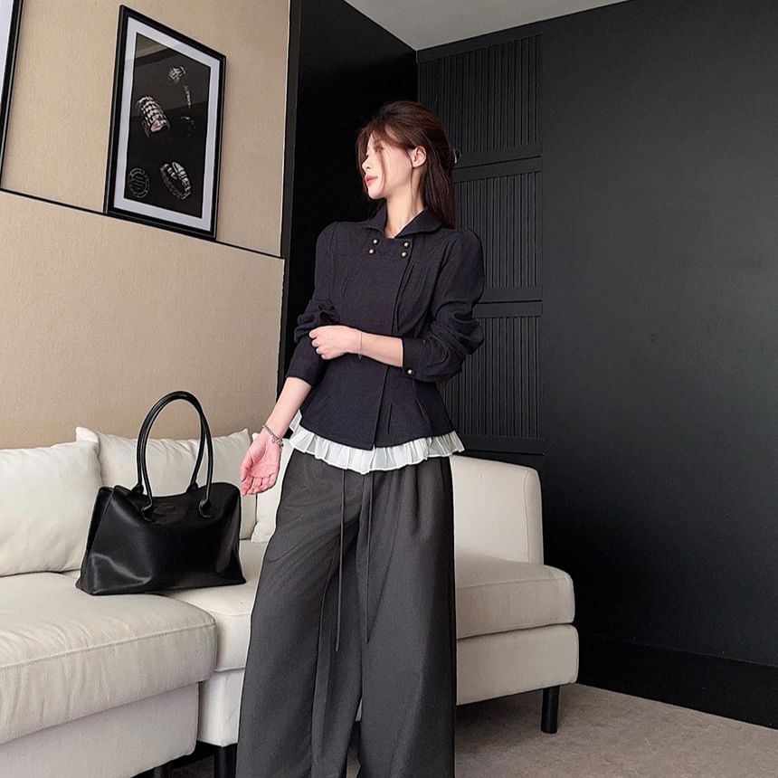 Denim Top with Long Sleeves, Collared Neck, and Frill Trim