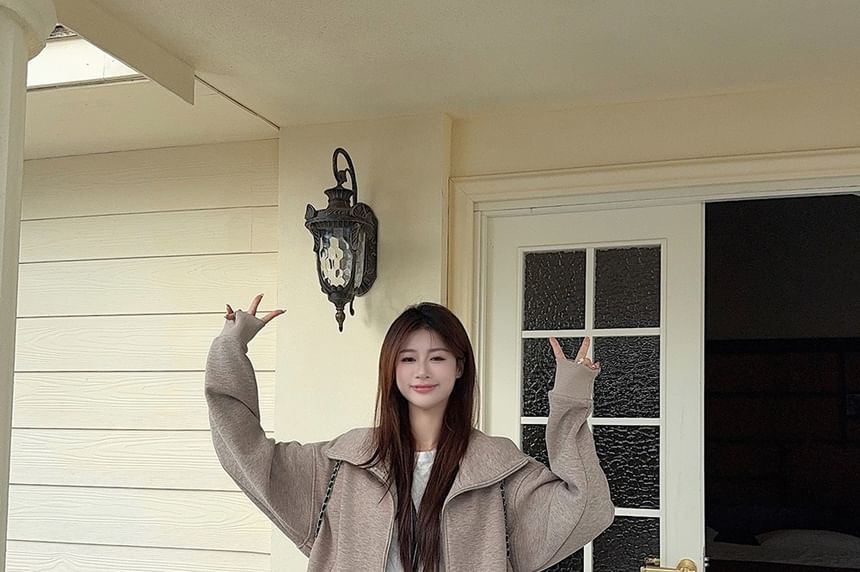 Zip-Up Jacket, Mock Neck Half Zip Cropped Pullover, and High Rise Baggy Pants
