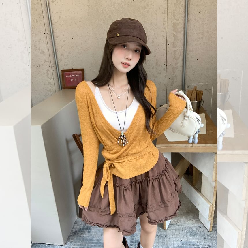 V-Neck Knit Top with Long Sleeves and Two-Tone Design