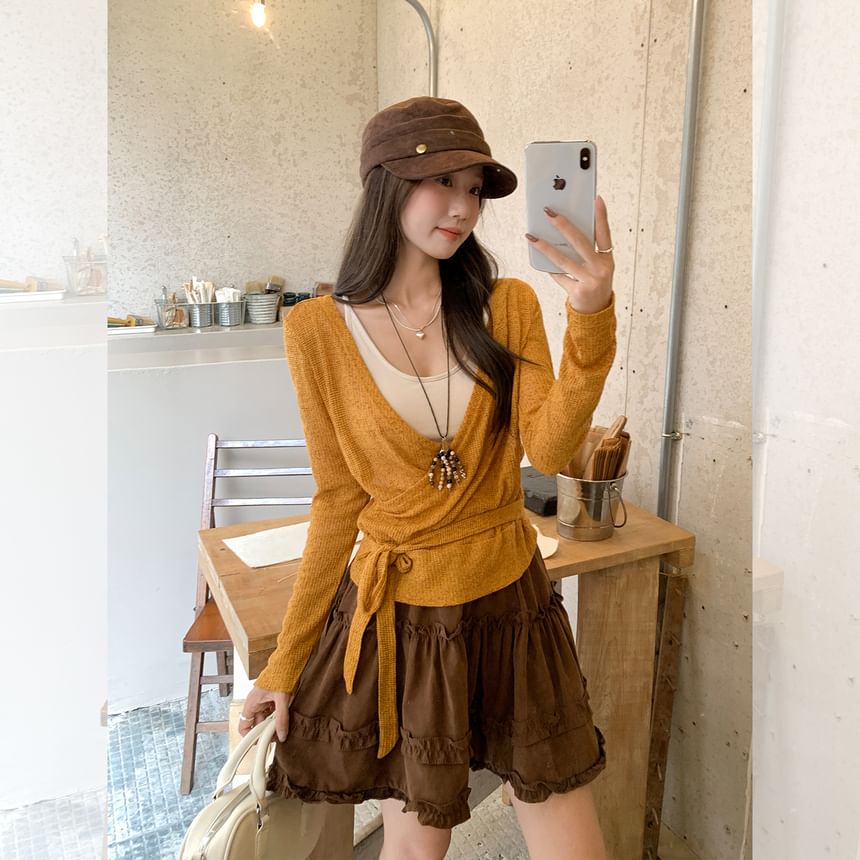 V-Neck Knit Top with Long Sleeves and Two-Tone Design