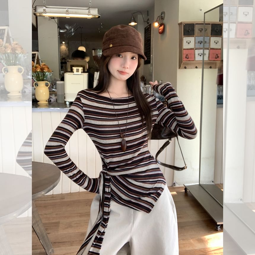 Boatneck Striped Tee with Long Sleeves