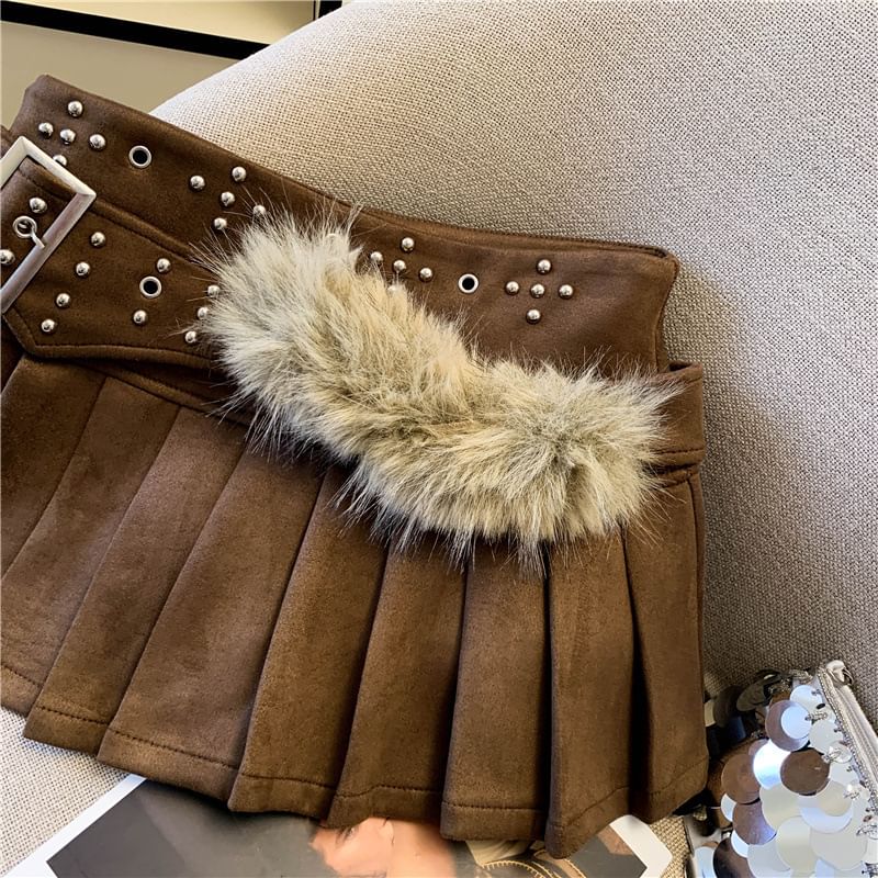 Studded Fleece Panel Belted Pleated Mini A-Line Skirt
