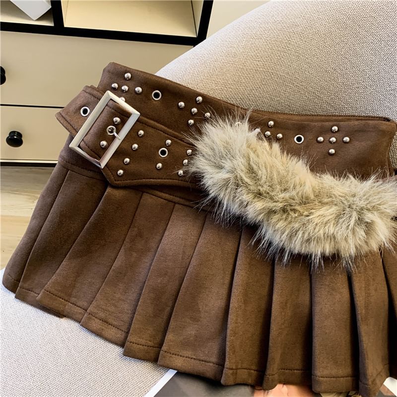 Studded Fleece Panel Belted Pleated Mini A-Line Skirt