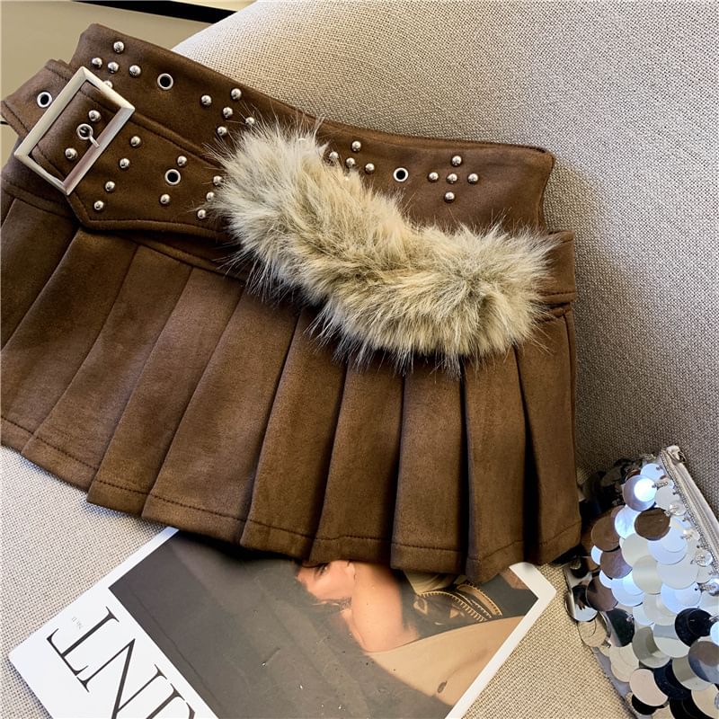 Studded Fleece Panel Belted Pleated Mini A-Line Skirt