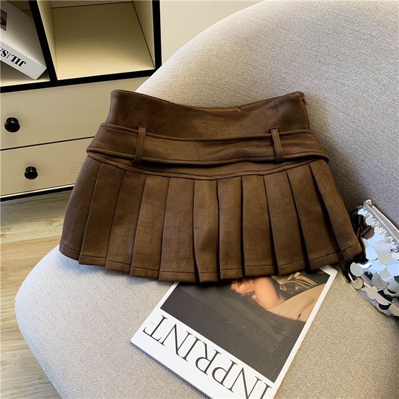 Studded Fleece Panel Belted Pleated Mini A-Line Skirt