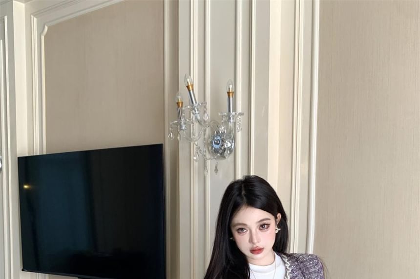 Round Neck Melange Glitter Tweed Button Jacket