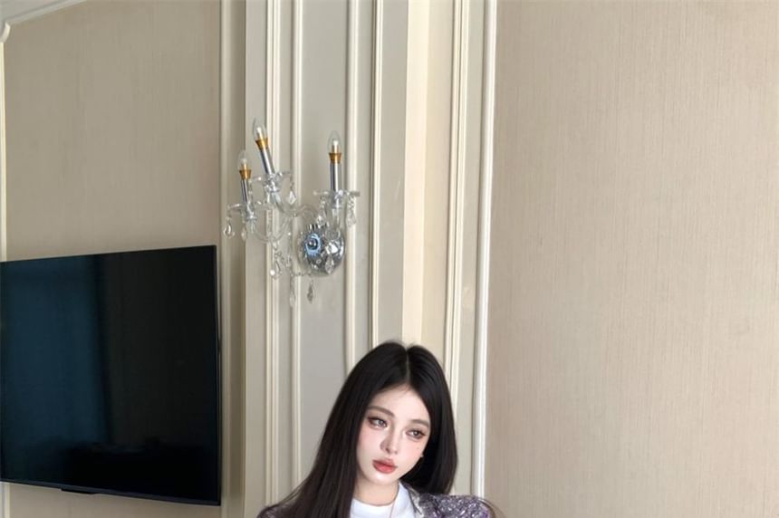 Round Neck Melange Glitter Tweed Button Jacket