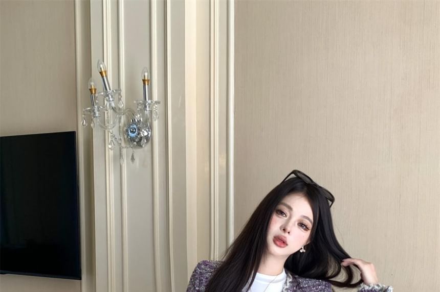 Round Neck Melange Glitter Tweed Button Jacket