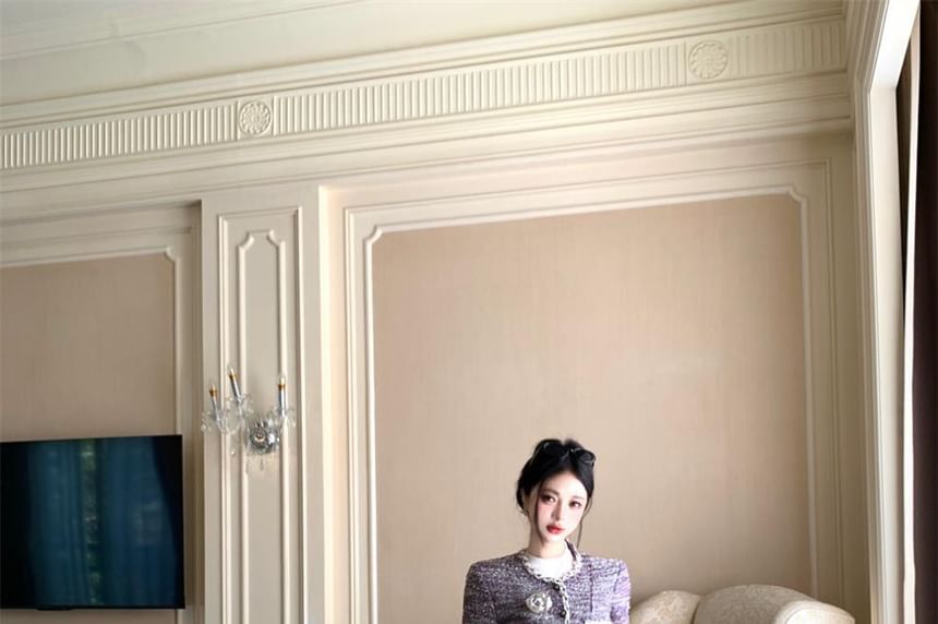 Round Neck Melange Glitter Tweed Button Jacket