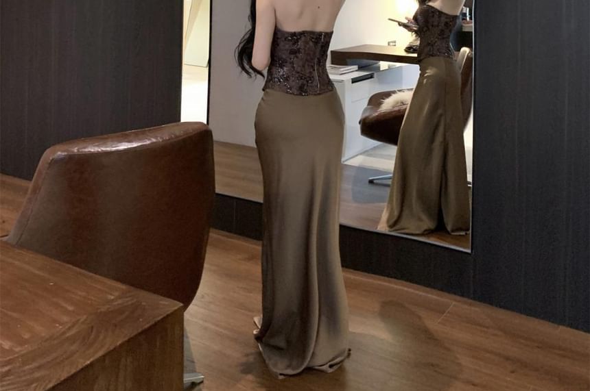 Lace Corset Top and High Rise Plain Maxi Pencil Skirt