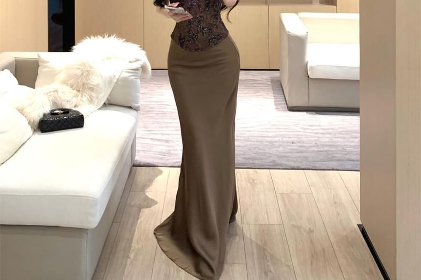 Lace Corset Top and High Rise Plain Maxi Pencil Skirt