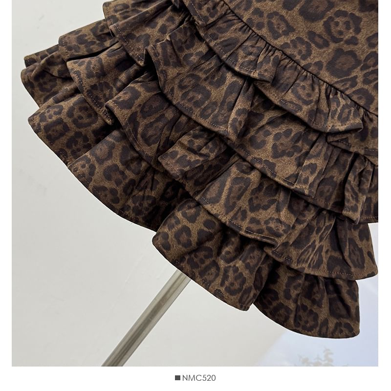 Leopard Print Layered Mini A-Line Skirt High Waist