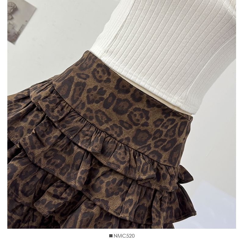Leopard Print Layered Mini A-Line Skirt High Waist