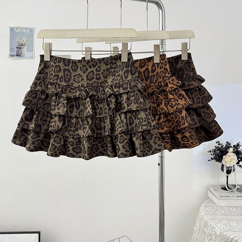 Leopard Print Layered Mini A-Line Skirt High Waist