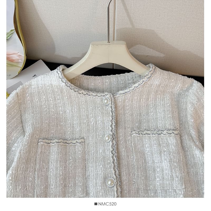 Long Sleeve Round Neck Tweed Jacket