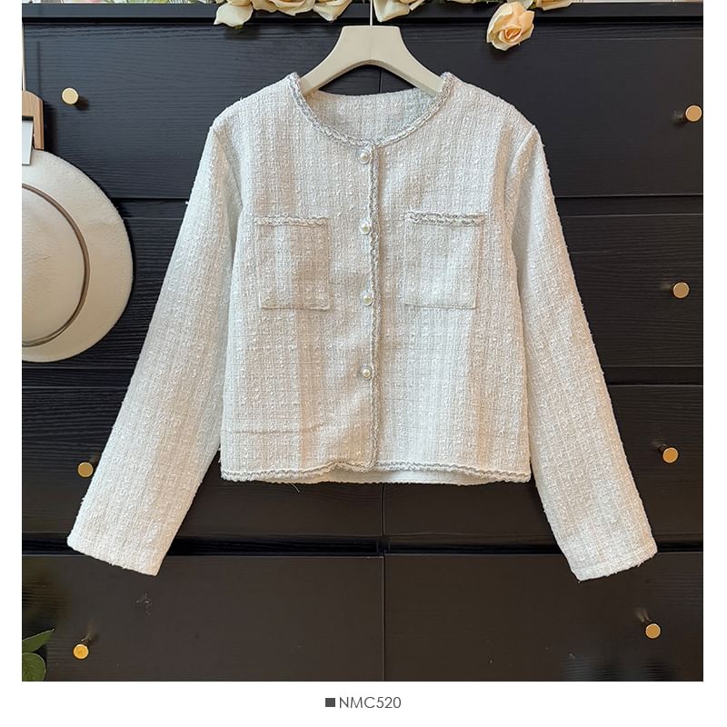 Long Sleeve Round Neck Tweed Jacket