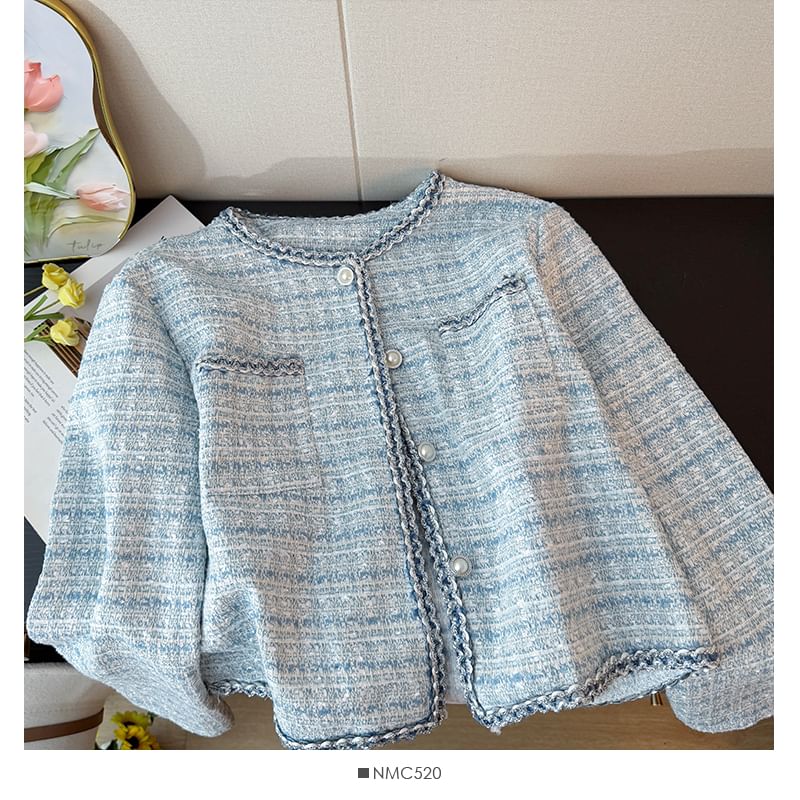 Long Sleeve Round Neck Tweed Jacket