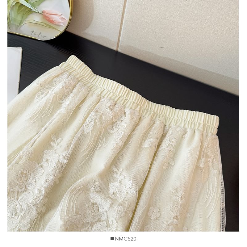 Lace Panel Layered Maxi A-Line Skirt High Waist