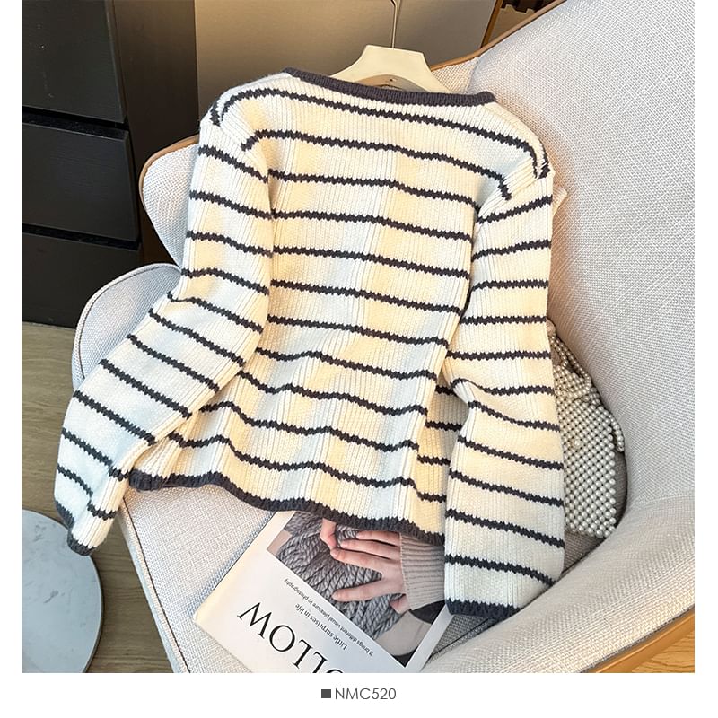 Long Sleeve Round Neck Striped Loose-Fit Cardigan