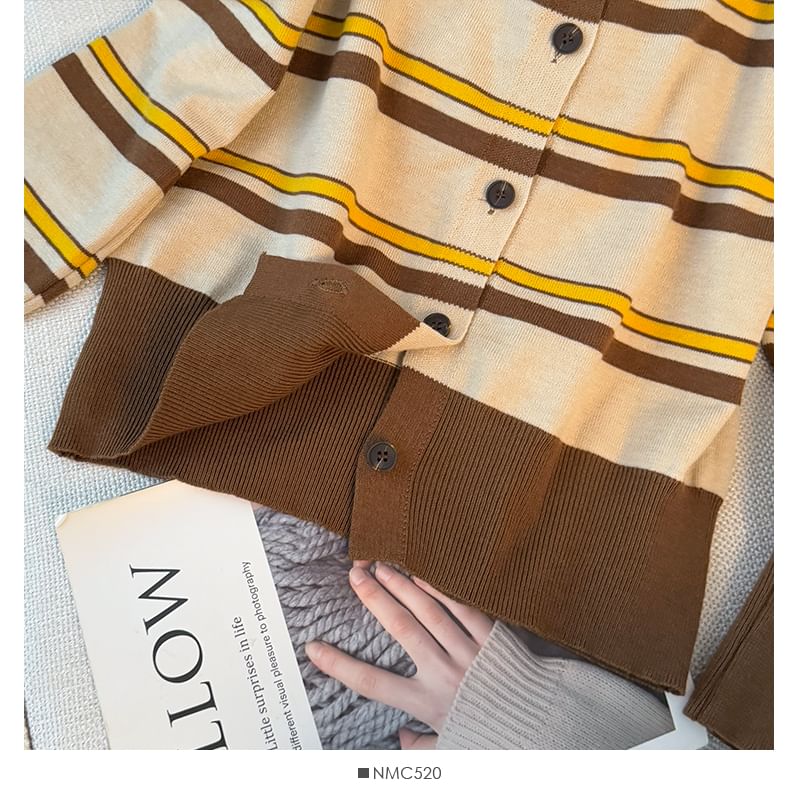 Long Sleeve Crew Neck Striped Cardigan