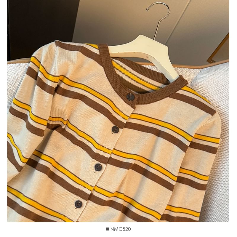 Long Sleeve Crew Neck Striped Cardigan
