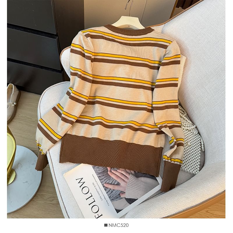 Long Sleeve Crew Neck Striped Cardigan