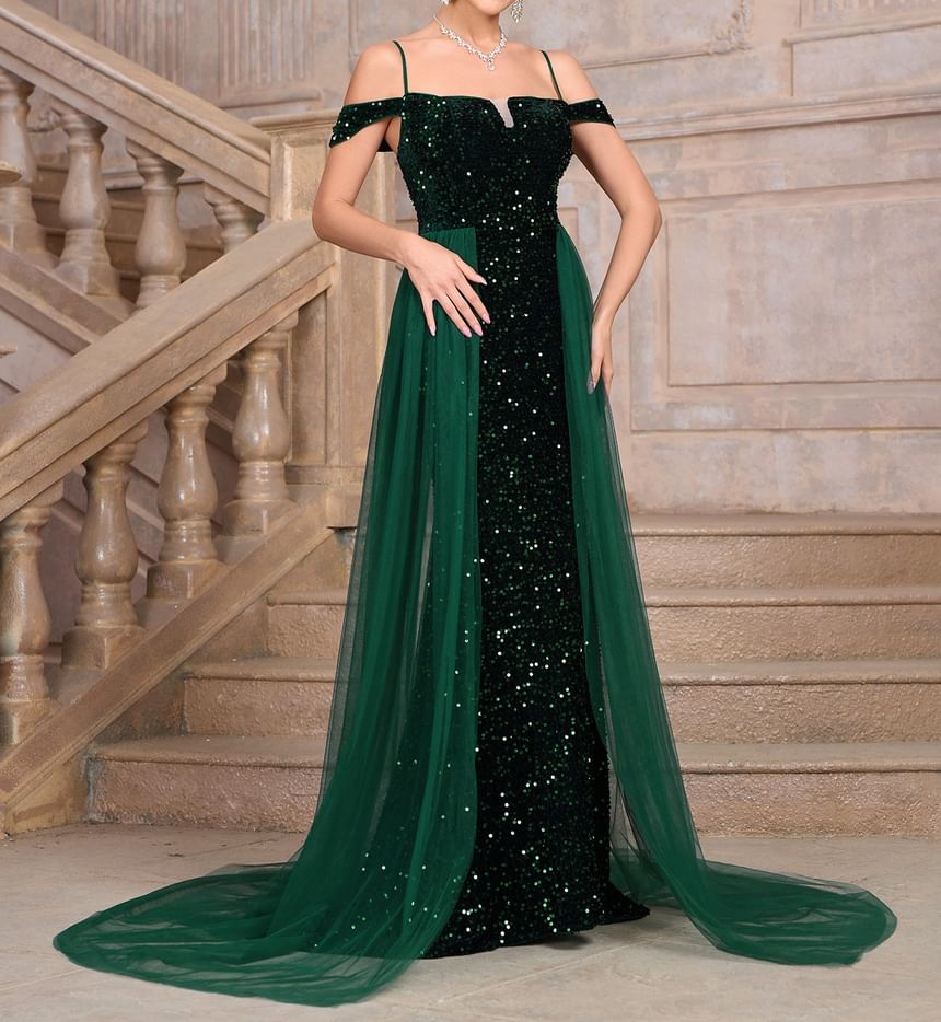 Spaghetti Strap Sequin Mesh Panel Maxi A-Line Dress
