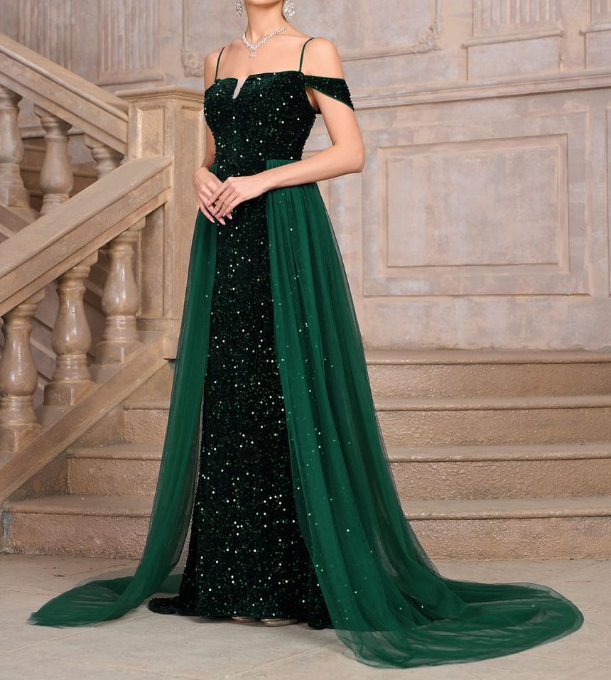 Spaghetti Strap Sequin Mesh Panel Maxi A-Line Dress