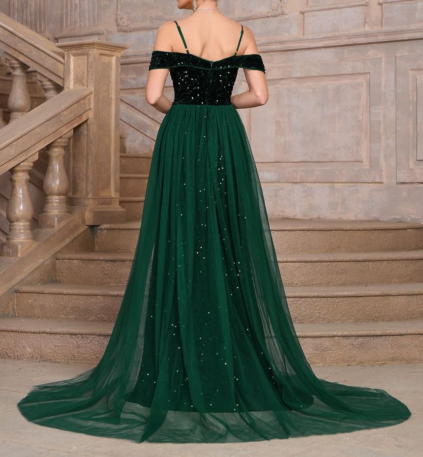 Spaghetti Strap Sequin Mesh Panel Maxi A-Line Dress