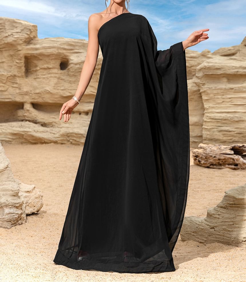 Batwing-Sleeve One-Shoulder  Plain Maxi A-Line Dress