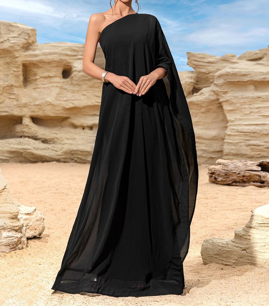 Batwing-Sleeve One-Shoulder  Plain Maxi A-Line Dress