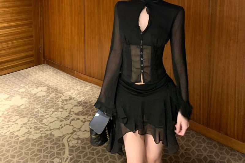 Flared-Sleeve Ruffle Cutout Cropped Blouse and Asymmetrical Mini A-Line Skirt