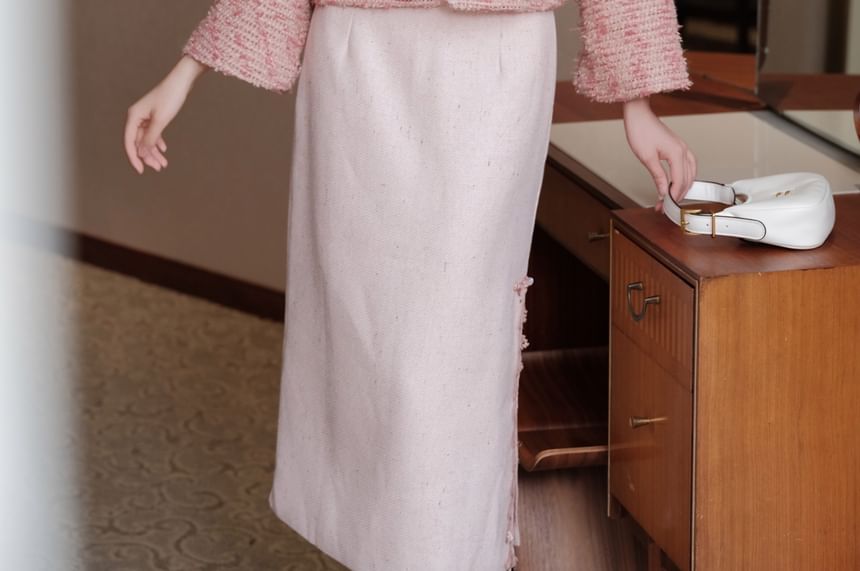 Mandarin Collar Tweed Frog Button Jacket / High Rise Slit Midi Pencil Skirt / Set