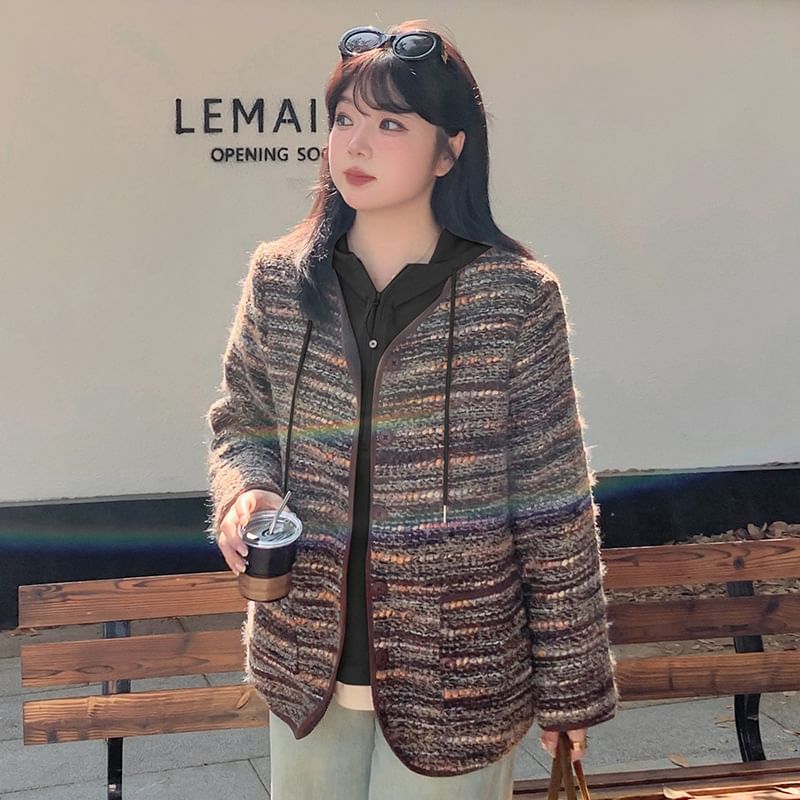 V-Neck Tweed Button Jacket / Long Sleeve Two Tone Panel Half Zip Hooded Top