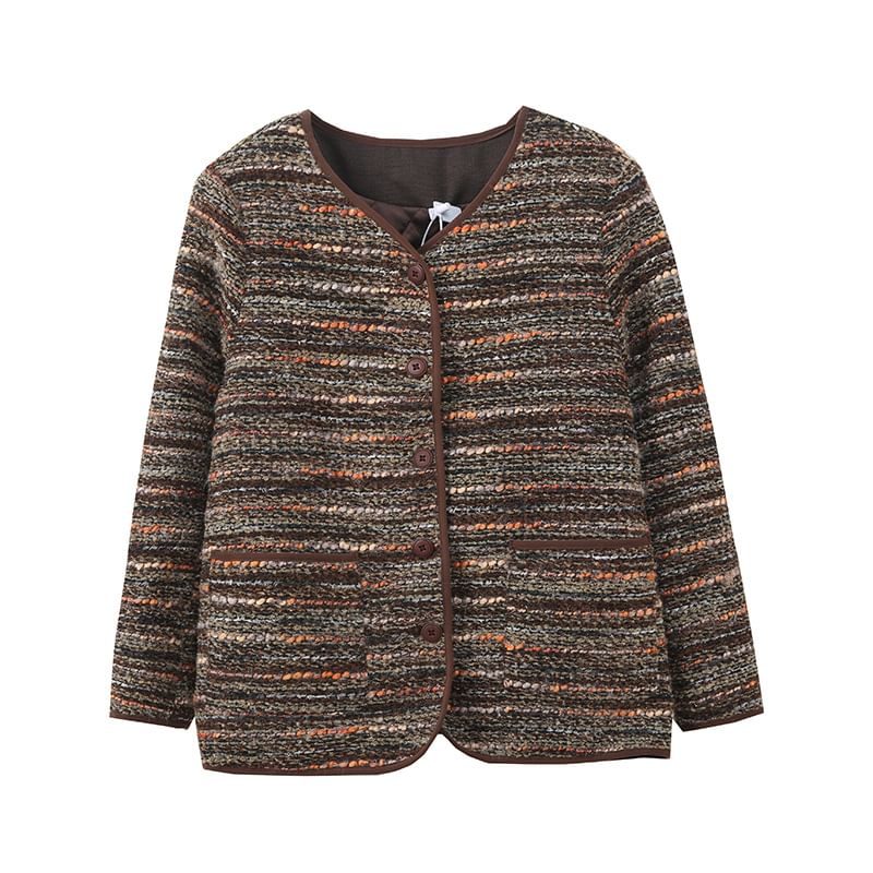 V-Neck Tweed Button Jacket / Long Sleeve Two Tone Panel Half Zip Hooded Top