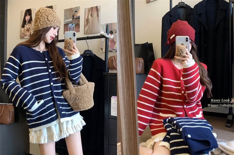 Button-Up Striped Cardigan