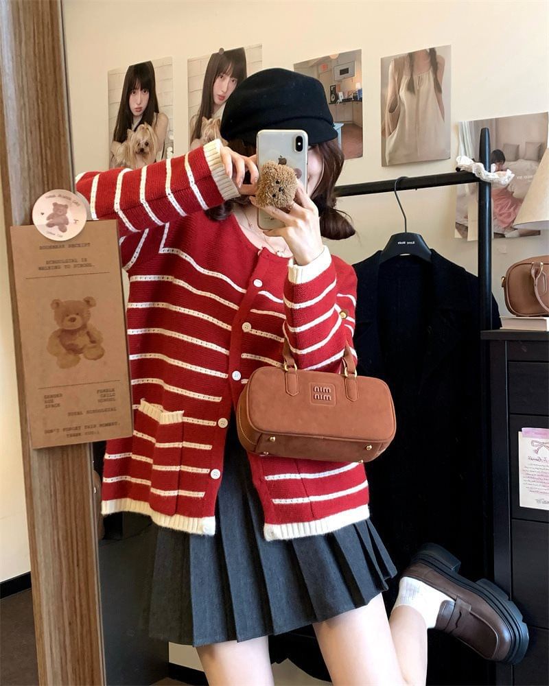 Button-Up Striped Cardigan