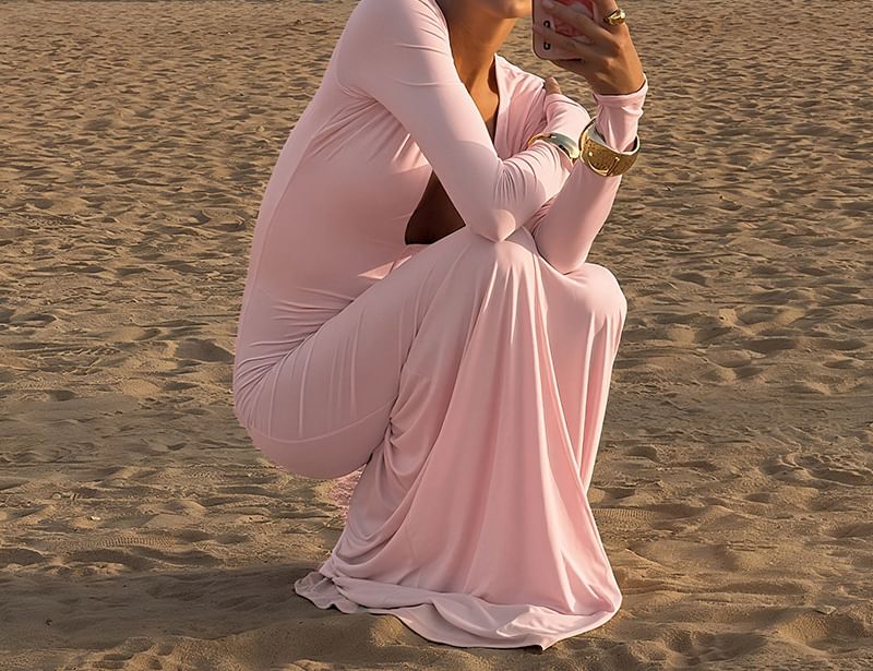 Long-Sleeve Deep V-Neck Plain Maxi Sheath Dress