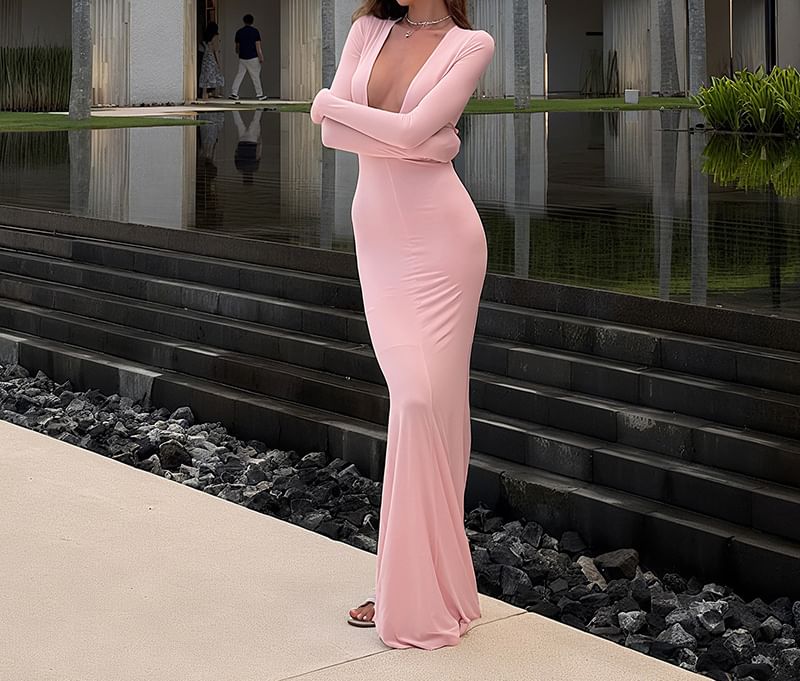 Long-Sleeve Deep V-Neck Plain Maxi Sheath Dress